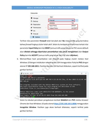 Copyright © 2019 www.iputuhariyadi.net 136
MODUL WORKSHOP PROXMOX VE 5.3 HIGH AVAILABILITY
Terlihat nilai parameter Firewall telah berubah dari No menjadi Yes yang bermakna
bahwa firewall lingkup cluster telah aktif. Selain itu terdapat pula informasi terkait nilai
parameter Input Policy bernilai DROP (semua trafik yang menuju ke PVE secara default
akan ditolak sehingga diperlukan penambahan rule untuk mengijinkan) dan Output
Policy bernilai ACCEPT (semua trafik yang keluar dari PVE akan diijinkan).
6. Memverifikasi hasil penambahan rule firewall pada lingkup cluster melalui host
Windows 10 dengan melakukan remote access SSH menggunakan Putty ke PVE dengan
alamat IP 192.168.169.1. Pastikan koneksi SSH berhasil dilakukan, seperti terlihat pada
gambar berikut:
Selain itu lakukan percobaan pengaksesan kembali WebGUI dari PVE melalui browser
Chrome dari host Windows 10 pada alamat https://192.168.169.1:8006 menggunakan
Incognitor Window. Pastikan juga akses berhasil dilakukan, seperti terlihat pada
gambar berikut:
 
