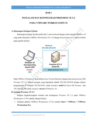 Copyright © 2019 www.iputuhariyadi.net 2
MODUL WORKSHOP PROXMOX VE 5.3 HIGH AVAILABILITY
BAB I
INSTALASI DAN KONFIGURASI PROXMOX VE 5.3
PADA VMWARE WORKSTATION 15
A. Rancangan Jaringan Ujicoba
Rancangan jaringan ujicoba terdiri dari 1 unit notebook dengan sistem operasi Windows 10
yang telah diinstalasi VMWare Workstation Pro 15 sebagai hosted hypervisor, seperti terlihat
pada gambar berikut:
Pada VMWare Workstation akan dibuat Guest Virtual Machine dengan Operating System (OS)
Proxmox VE 5.3. Alamat jaringan yang digunakan adalah 192.168.169.0/24 dengan alokasi
pengalamatan IP meliputi 192.168.169.1 untuk interface vmbr0 di Guest OS Proxmox dan
192.168.169.200 untuk interface vmnet1 di Windows 10.
B. Instalasi Proxmox VE 5.3
Adapun langkah-langkah instalasi dan konfigurasi Proxmox VE 5.3 pada VMWare
Workstation 15 Pro adalah sebagai berikut:
1. Jalankan aplikasi VMWare Workstation 15 Pro melalui Start > VMWare > VMWare
Workstation Pro.
vmnet1
.200
Network
192.168.169.0/24
VMWare Workstation 15 Pro
Proxmox VE 5.3
Guest OS
vmbr0
.1
Windows 10
Host Operating
System (OS)
 