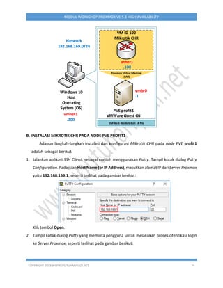 COPYRIGHT 2019 WWW.IPUTUHARIYADI.NET 74
MODUL WORKSHOP PROXMOX VE 5.3 HIGH AVAILABILITY
Windows 10
Host
Operating
System (OS)
vmnet1
.200
Network
192.168.169.0/24
VMWare Workstation 14 Pro
PVE profit1
VMWare Guest OS
ether1
.100
VM ID 100
Mikrotik CHR
Proxmox Virtual Machine
(VM)
vmbr0
.1
B. INSTALASI MIKROTIK CHR PADA NODE PVE PROFIT1
Adapun langkah-langkah instalasi dan konfigurasi Mikrotik CHR pada node PVE profit1
adalah sebagai berikut:
1. Jalankan aplikasi SSH Client, sebagai contoh menggunakan Putty. Tampil kotak dialog Putty
Configuration. Pada isian Host Name (or IP Address), masukkan alamat IP dari Server Proxmox
yaitu 192.168.169.1, seperti terlihat pada gambar berikut:
Klik tombol Open.
2. Tampil kotak dialog Putty yang meminta pengguna untuk melakukan proses otentikasi login
ke Server Proxmox, seperti terlihat pada gambar berikut:
 