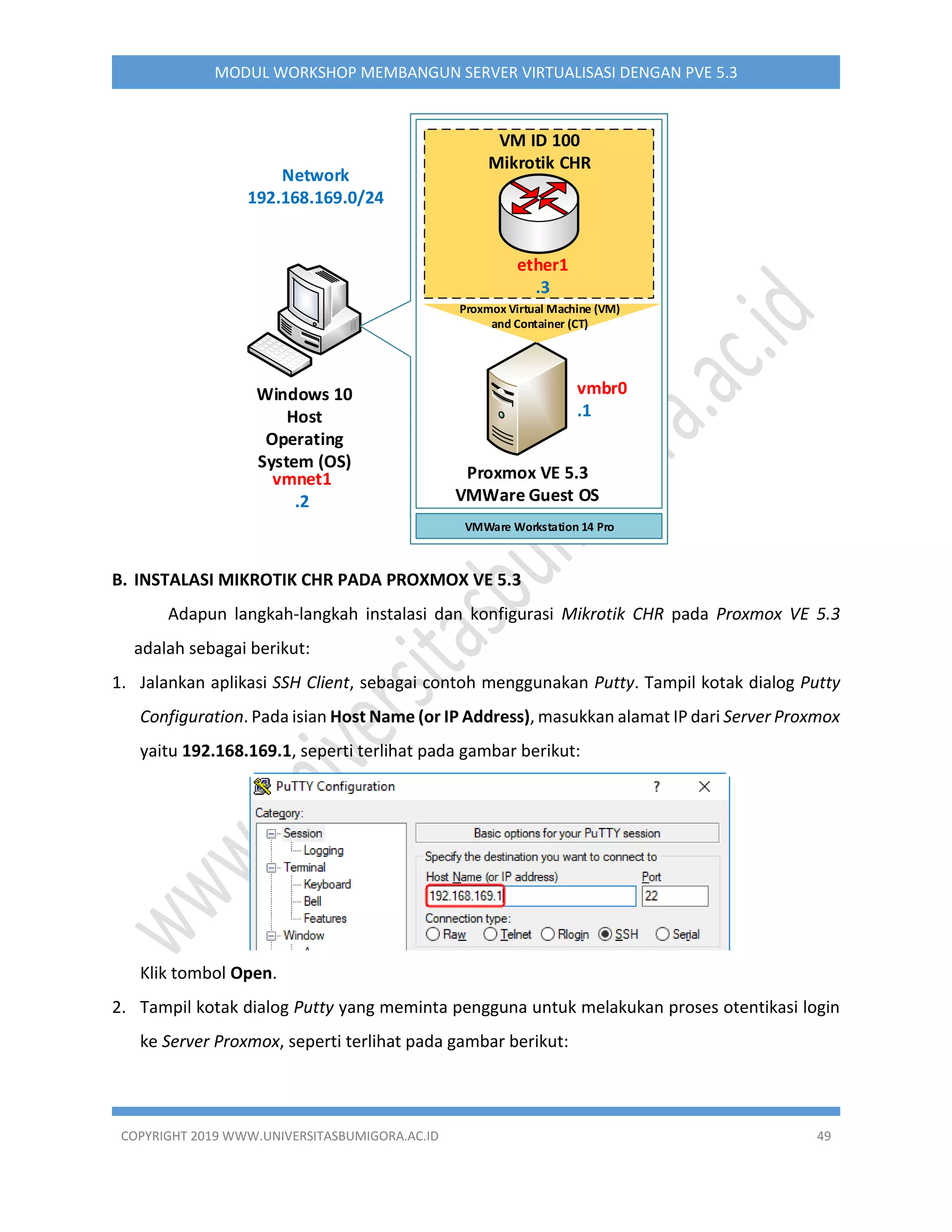 COPYRIGHT 2019 WWW.UNIVERSITASBUMIGORA.AC.ID 49
MODUL WORKSHOP MEMBANGUN SERVER VIRTUALISASI DENGAN PVE 5.3
Windows 10
Host
Operating
System (OS)
vmnet1
.2
Network
192.168.169.0/24
VMWare Workstation 14 Pro
Proxmox VE 5.3
VMWare Guest OS
ether1
.3
VM ID 100
Mikrotik CHR
Proxmox Virtual Machine (VM)
and Container (CT)
vmbr0
.1
B. INSTALASI MIKROTIK CHR PADA PROXMOX VE 5.3
Adapun langkah-langkah instalasi dan konfigurasi Mikrotik CHR pada Proxmox VE 5.3
adalah sebagai berikut:
1. Jalankan aplikasi SSH Client, sebagai contoh menggunakan Putty. Tampil kotak dialog Putty
Configuration. Pada isian Host Name (or IP Address), masukkan alamat IP dari Server Proxmox
yaitu 192.168.169.1, seperti terlihat pada gambar berikut:
Klik tombol Open.
2. Tampil kotak dialog Putty yang meminta pengguna untuk melakukan proses otentikasi login
ke Server Proxmox, seperti terlihat pada gambar berikut:
 