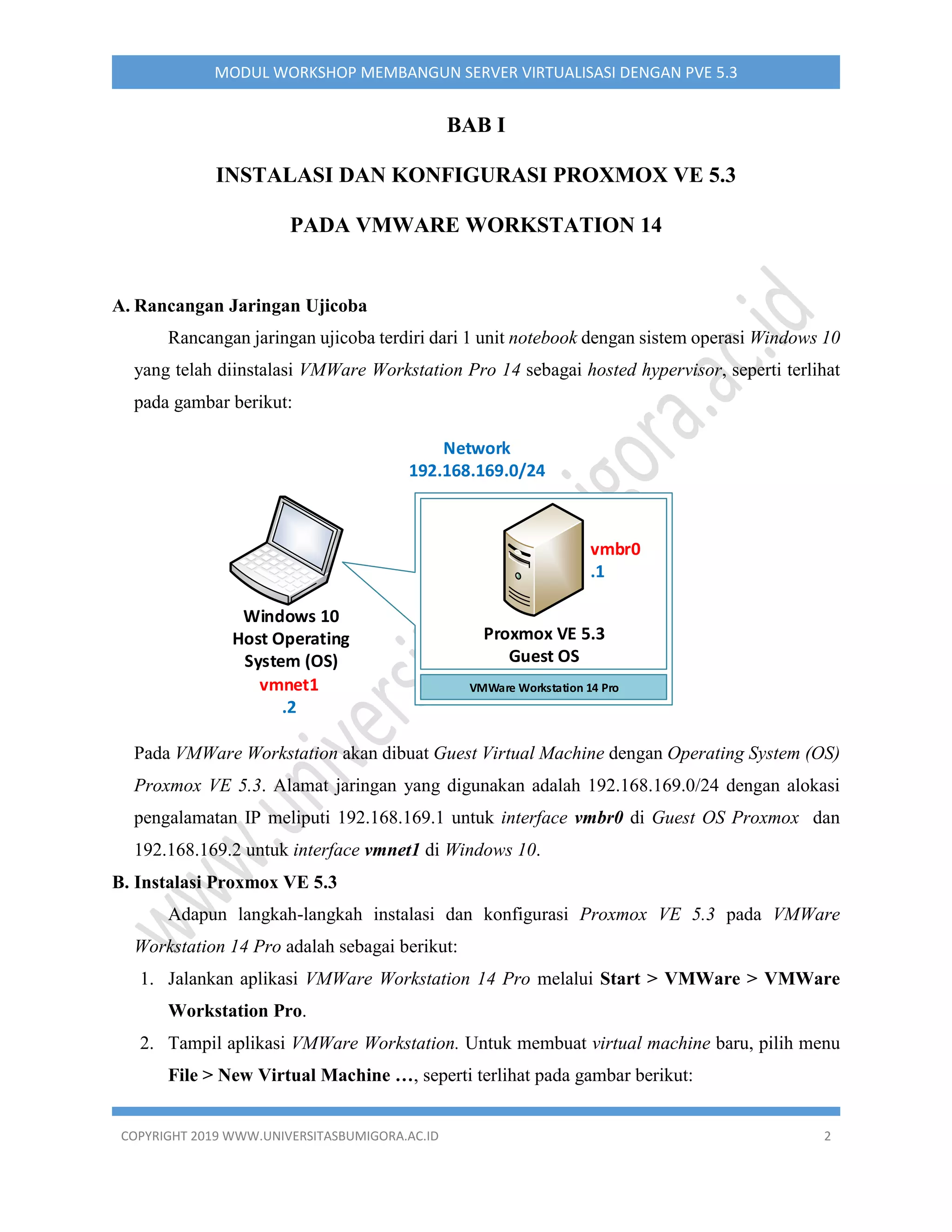 COPYRIGHT 2019 WWW.UNIVERSITASBUMIGORA.AC.ID 2
MODUL WORKSHOP MEMBANGUN SERVER VIRTUALISASI DENGAN PVE 5.3
BAB I
INSTALASI DAN KONFIGURASI PROXMOX VE 5.3
PADA VMWARE WORKSTATION 14
A. Rancangan Jaringan Ujicoba
Rancangan jaringan ujicoba terdiri dari 1 unit notebook dengan sistem operasi Windows 10
yang telah diinstalasi VMWare Workstation Pro 14 sebagai hosted hypervisor, seperti terlihat
pada gambar berikut:
vmnet1
.2
Network
192.168.169.0/24
VMWare Workstation 14 Pro
Proxmox VE 5.3
Guest OS
vmbr0
.1
Windows 10
Host Operating
System (OS)
Pada VMWare Workstation akan dibuat Guest Virtual Machine dengan Operating System (OS)
Proxmox VE 5.3. Alamat jaringan yang digunakan adalah 192.168.169.0/24 dengan alokasi
pengalamatan IP meliputi 192.168.169.1 untuk interface vmbr0 di Guest OS Proxmox dan
192.168.169.2 untuk interface vmnet1 di Windows 10.
B. Instalasi Proxmox VE 5.3
Adapun langkah-langkah instalasi dan konfigurasi Proxmox VE 5.3 pada VMWare
Workstation 14 Pro adalah sebagai berikut:
1. Jalankan aplikasi VMWare Workstation 14 Pro melalui Start > VMWare > VMWare
Workstation Pro.
2. Tampil aplikasi VMWare Workstation. Untuk membuat virtual machine baru, pilih menu
File > New Virtual Machine …, seperti terlihat pada gambar berikut:
 
