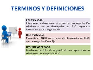 POLITICA S&SO:
Intenciones y direcciones generales de una organización
relacionadas con su desempeño de S&SO, expresada
formalmente por la organización.
OBJETIVOS S&SO:
Propósito en S&SO en términos del desempeño de S&SO
que una organización se fija.
DESEMPEÑO DE S&SO:
Resultados medibles de la gestión de una organización en
relación con los riesgos de S&SO.
 