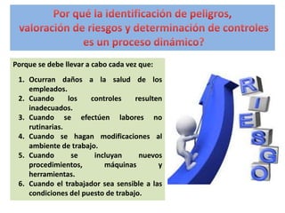 Porque se debe llevar a cabo cada vez que:
1. Ocurran daños a la salud de los
empleados.
2. Cuando los controles resulten
inadecuados.
3. Cuando se efectúen labores no
rutinarias.
4. Cuando se hagan modificaciones al
ambiente de trabajo.
5. Cuando se incluyan nuevos
procedimientos, máquinas y
herramientas.
6. Cuando el trabajador sea sensible a las
condiciones del puesto de trabajo.
 