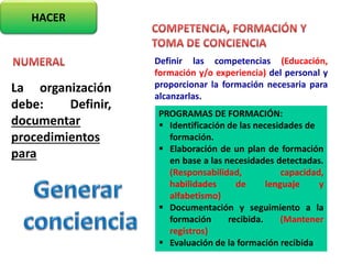 HACER
La organización
debe: Definir,
documentar
procedimientos
para
Definir las competencias (Educación,
formación y/o experiencia) del personal y
proporcionar la formación necesaria para
alcanzarlas.
PROGRAMAS DE FORMACIÓN:
 Identificación de las necesidades de
formación.
 Elaboración de un plan de formación
en base a las necesidades detectadas.
(Responsabilidad, capacidad,
habilidades de lenguaje y
alfabetismo)
 Documentación y seguimiento a la
formación recibida. (Mantener
registros)
 Evaluación de la formación recibida
 