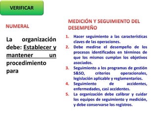 VERIFICAR
La organización
debe: Establecer y
mantener un
procedimiento
para
1. Hacer seguimiento a las características
claves de las operaciones.
2. Debe medirse el desempeño de los
procesos identificados en términos de
que los mismos cumplan los objetivos
asociados.
3. Seguimiento a los programas de gestión
S&SO, criterios operacionales,
legislación aplicable y reglamentarios.
4. Seguimiento de accidentes,
enfermedades, casi accidentes.
5. La organización debe calibrar y cuidar
los equipos de seguimiento y medición,
y debe conservarse los registros.
 