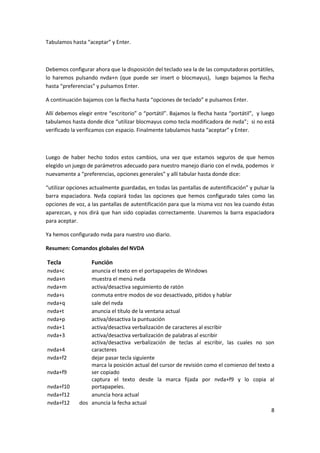 8
Tabulamos hasta “aceptar” y Enter.
Debemos configurar ahora que la disposición del teclado sea la de las computadoras portátiles,
lo haremos pulsando nvda+n (que puede ser insert o blocmayus), luego bajamos la flecha
hasta “preferencias” y pulsamos Enter.
A continuación bajamos con la flecha hasta “opciones de teclado” e pulsamos Enter.
Allí debemos elegir entre “escritorio” o “portátil”. Bajamos la flecha hasta “portátil”, y luego
tabulamos hasta donde dice “utilizar blocmayus como tecla modificadora de nvda”; si no está
verificado la verificamos con espacio. Finalmente tabulamos hasta “aceptar” y Enter.
Luego de haber hecho todos estos cambios, una vez que estamos seguros de que hemos
elegido un juego de parámetros adecuado para nuestro manejo diario con el nvda, podemos ir
nuevamente a “preferencias, opciones generales” y allí tabular hasta donde dice:
“utilizar opciones actualmente guardadas, en todas las pantallas de autentificación” y pulsar la
barra espaciadora. Nvda copiará todas las opciones que hemos configurado tales como las
opciones de voz, a las pantallas de autentificación para que la misma voz nos lea cuando éstas
aparezcan, y nos dirá que han sido copiadas correctamente. Usaremos la barra espaciadora
para aceptar.
Ya hemos configurado nvda para nuestro uso diario.
Resumen: Comandos globales del NVDA
Tecla Función
nvda+c anuncia el texto en el portapapeles de Windows
nvda+n muestra el menú nvda
nvda+m activa/desactiva seguimiento de ratón
nvda+s conmuta entre modos de voz desactivado, pitidos y hablar
nvda+q sale del nvda
nvda+t anuncia el título de la ventana actual
nvda+p activa/desactiva la puntuación
nvda+1 activa/desactiva verbalización de caracteres al escribir
nvda+3 activa/desactiva verbalización de palabras al escribir
nvda+4
activa/desactiva verbalización de teclas al escribir, las cuales no son
caracteres
nvda+f2 dejar pasar tecla siguiente
nvda+f9
marca la posición actual del cursor de revisión como el comienzo del texto a
ser copiado
nvda+f10
captura el texto desde la marca fijada por nvda+f9 y lo copia al
portapapeles.
nvda+f12 anuncia hora actual
nvda+f12 dos anuncia la fecha actual
 