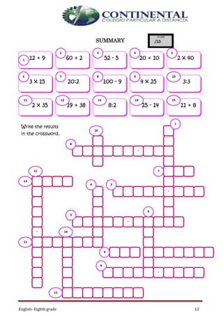 English- Eighth grade 12
SUMMARY
12 + 9 60 + 2 52 - 5 20 + 10 2 x 40
3 x 15 20:2 100 - 9 4 x 25 3:3
2 x 35 19 + 38 8:2 25 - 14 11 + 8
1
2 3 4 5
6
11
7
12
8 9
13
10
14 15
-
1
2
-
3
4
5
-
6
7
-
8
9
10
11
-
12
13
14
15
Write the results
in the crossword.
 