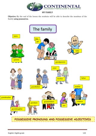 English- Eighth grade 120
MY FAMILY
Objective.-By the end of the lesson the students will be able to describe the members of the
family using possessives.
The family
baby
twins
boy
girl
children
brother
sister
grandparents
grandfather
grandson
grandmother
granddaughter
mother
father
parents
son
grandchildren
POSSESSIVE PRONOUNS AND POSSESSIVE ADJECTIVES
 