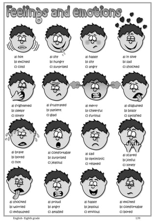 English- Eighth grade 139
a) hot
b) excited
c) cold
a) shy
b) hungry
c) surprised
a) happy
b) shy
c) angry
a) in love
b) sad
c) shocked
a) frightened
b) sleepy
c) lonely
a) disgusted
b) bossy
c) satisfied
a) merry
b) cheerful
c) furious
a) frustrated
b) patient
c) glad
a) brave
b) bored
c) hot
a) scared
b) joyful
c) lonely
a) sad
b) optimistic
c) relaxed
a) comfortable
b) surprised
c) jealous
a) shocked
b) worried
c) exhausted
a) excited
b) comfortable
c) bored
a) happy
b) jealous
c) envious
a) proud
b) angry
c) amazed
 