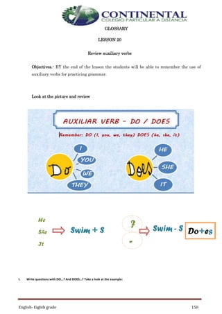 English- Eighth grade 150
GLOSSARY
LESSON 20
Review auxiliary verbs
Objectives.- BY the end of the lesson the students will be able to remember the use of
auxiliary verbs for practicing grammar.
Look at the picture and review
I. Write questions with DO…? And DOES…? Take a look at the example:
 
