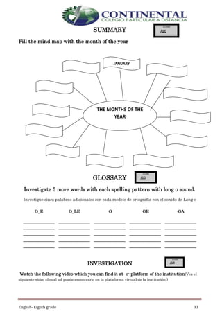 English- Eighth grade 33
SUMMARY
Fill the mind map with the month of the year
GLOSSARY
Investigate 5 more words with each spelling pattern with long o sound.
Investigue cinco palabras adicionales con cada modelo de ortografía con el sonido de Long o
INVESTIGATION
Watch the following video which you can find it at e- platform of the institution(Vea el
siguiente video el cual ud puede encontrarlo en la plataforma virtual de la institución )
O_E O_LE -O -OE -OA
______________
______________
______________
______________
______________
______________
______________
______________
______________
______________
______________
______________
______________
______________
______________
______________
______________
______________
______________
______________
______________
______________
______________
______________
______________
THE MONTHS OF THE
YEAR
JANUARY
 
