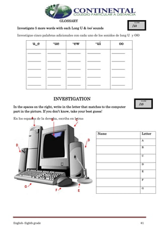 English- Eighth grade 41
GLOSSARY
Investigate 5 more words with each Long U & /oo/ sounds
Investigue cinco palabras adicionales con cada uno de los sonidos de long U y OO
u_e -ue -ew -ui oo
_______
_______
_______
_______
_______
_______
_______
_______
_______
_______
_______
_______
_______
_______
_______
_______
_______
_______
_______
_______
_______
_______
_______
_______
_______
INVESTIGATION
In the spaces on the right, write in the letter that matches to the computer
part in the picture. If you don’t know, take your best guess!
En los espacios de la derecha, escriba en letras
Name Letter
A
B
C
D
E
F
G
 