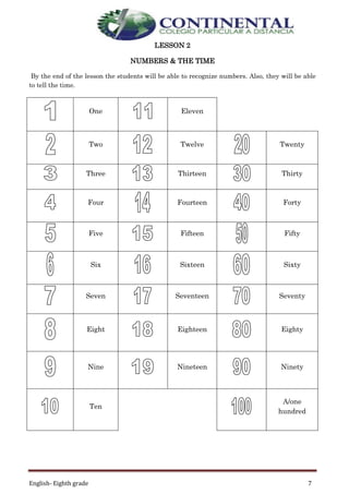 English- Eighth grade 7
LESSON 2
NUMBERS & THE TIME
By the end of the lesson the students will be able to recognize numbers. Also, they will be able
to tell the time.
One Eleven
Two Twelve Twenty
Three Thirteen Thirty
Four Fourteen Forty
Five Fifteen Fifty
Six Sixteen Sixty
Seven Seventeen Seventy
Eight Eighteen Eighty
Nine Nineteen Ninety
Ten
A/one
hundred
 