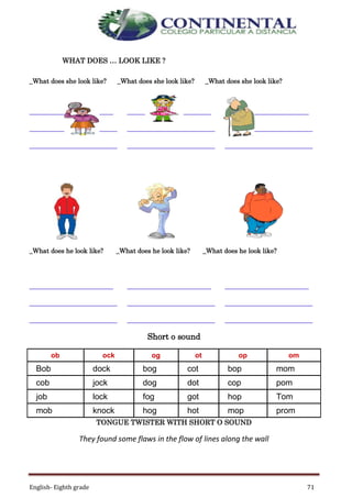 English- Eighth grade 71
WHAT DOES … LOOK LIKE ?
_What does she look like? _What does she look like? _What does she look like?
_What does he look like? _What does he look like? _What does he look like?
Short o sound
ob ock og ot op om
Bob dock bog cot bop mom
cob jock dog dot cop pom
job lock fog got hop Tom
mob knock hog hot mop prom
TONGUE TWISTER WITH SHORT O SOUND
They found some flaws in the flow of lines along the wall
_____________________
______________________
______________________
_____________________
______________________
______________________
_____________________
______________________
______________________
_____________________
______________________
______________________
_____________________
______________________
______________________
_____________________
______________________
______________________
 
