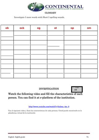 English- Eighth grade 76
GLOSSARY
Investigate 5 more words with Short I spelling sounds.
ob ock og ot op om
_________
____________ ____________ ____________ ____________ ____________
_________ ____________ ____________
_________
____________ ____________
_________
____________ ____________ ____________ ____________ ____________
_________ ____________ ____________ ____________ ____________ ____________
_______ ____________ ____________ ____________ ____________ ____________
INVESTIGATION
Watch the following video and fill the characteristics of each
person. You can find it at e-platform of the institution.
http://www.youtube.com/watch?v=5n2ma_4sy_8
Vea el siguiente video y llene las características de cada persona. Usted puede encontrarlo en la
plataforma virtual de la institución
 