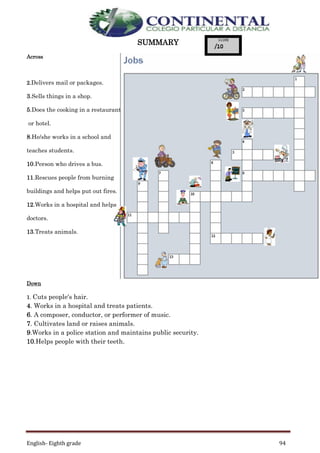 English- Eighth grade 94
SUMMARY
Across
2.Delivers mail or packages.
3.Sells things in a shop.
5.Does the cooking in a restaurant
or hotel.
8.He/she works in a school and
teaches students.
10.Person who drives a bus.
11.Rescues people from burning
buildings and helps put out fires.
12.Works in a hospital and helps
doctors.
13.Treats animals.
Down
1. Cuts people's hair.
4. Works in a hospital and treats patients.
6. A composer, conductor, or performer of music.
7. Cultivates land or raises animals.
9.Works in a police station and maintains public security.
10.Helps people with their teeth.
 