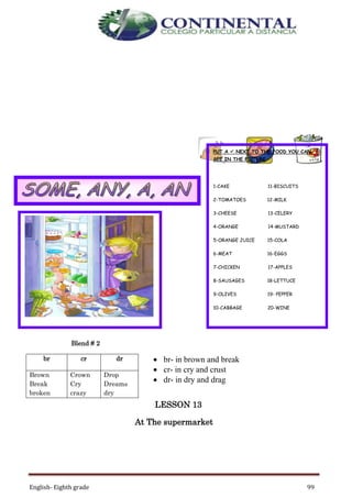 English- Eighth grade 99
Blend # 2
 br- in brown and break
 cr- in cry and crust
 dr- in dry and drag
LESSON 13
At The supermarket
br cr dr
Brown
Break
broken
Crown
Cry
crazy
Drop
Dreams
dry
PUT A  NEXT TO THE FOOD YOU CAN
SEE IN THE PICTURE
1-CAKE 11-BISCUITS
2-TOMATOES 12-MILK
3-CHEESE 13-CELERY
4-ORANGE 14-MUSTARD
5-ORANGE JUICE 15-COLA
6-MEAT 16-EGGS
7-CHICKEN 17-APPLES
8-SAUSAGES 18-LETTUCE
9-OLIVES 19- PEPPER
10-CABBAGE 20-WINE
 