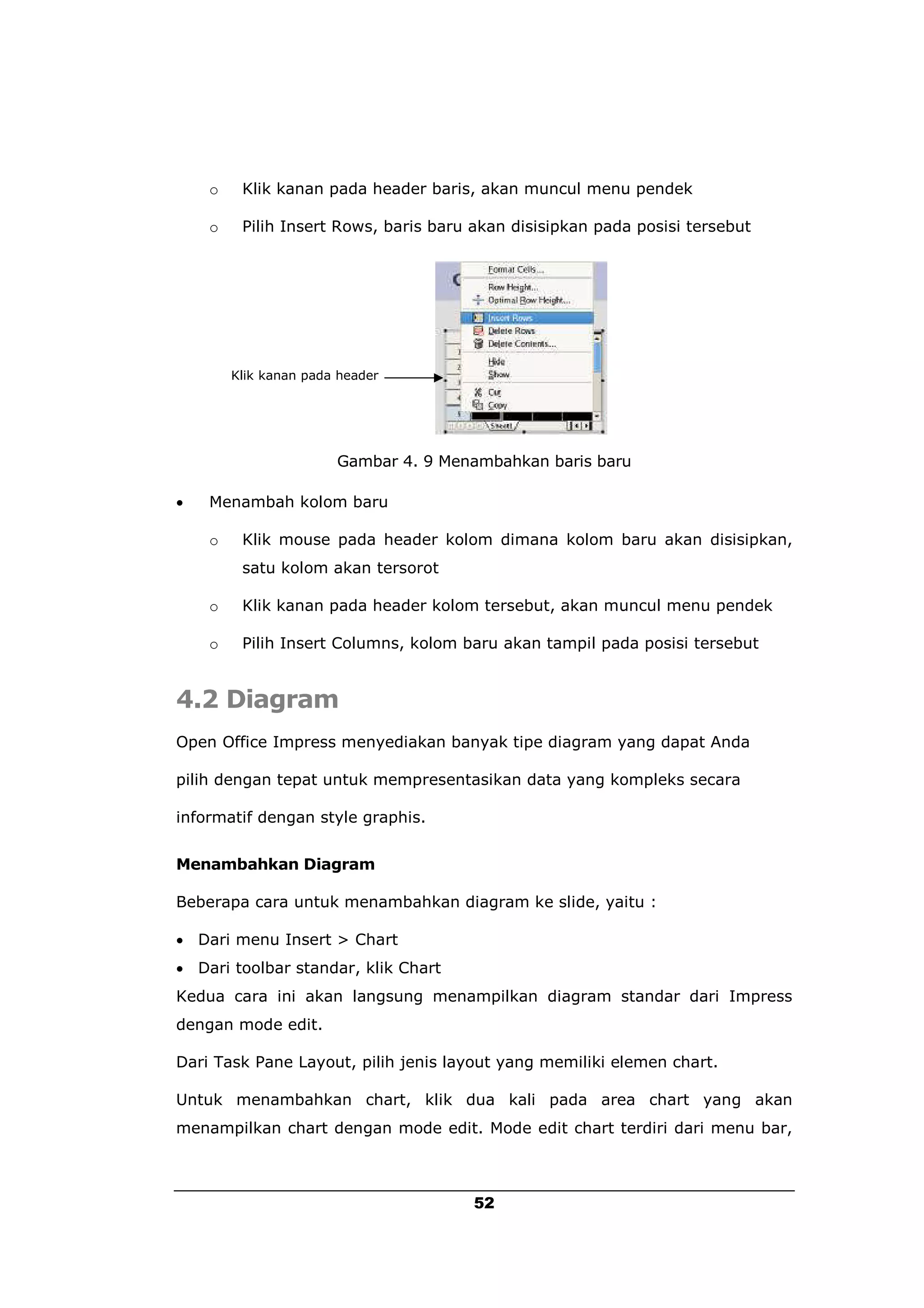 o    Klik kanan pada header baris, akan muncul menu pendek

    o    Pilih Insert Rows, baris baru akan disisipkan pada posisi tersebut




        Klik kanan pada header




                       Gambar 4. 9 Menambahkan baris baru

   Menambah kolom baru

    o    Klik mouse pada header kolom dimana kolom baru akan disisipkan,
         satu kolom akan tersorot

    o    Klik kanan pada header kolom tersebut, akan muncul menu pendek

    o    Pilih Insert Columns, kolom baru akan tampil pada posisi tersebut


4.2 Diagram
Open Office Impress menyediakan banyak tipe diagram yang dapat Anda

pilih dengan tepat untuk mempresentasikan data yang kompleks secara

informatif dengan style graphis.


Menambahkan Diagram

Beberapa cara untuk menambahkan diagram ke slide, yaitu :

 Dari menu Insert > Chart
 Dari toolbar standar, klik Chart
Kedua cara ini akan langsung menampilkan diagram standar dari Impress
dengan mode edit.

Dari Task Pane Layout, pilih jenis layout yang memiliki elemen chart.

Untuk menambahkan chart, klik dua kali pada area chart yang akan
menampilkan chart dengan mode edit. Mode edit chart terdiri dari menu bar,



                                       52
 
