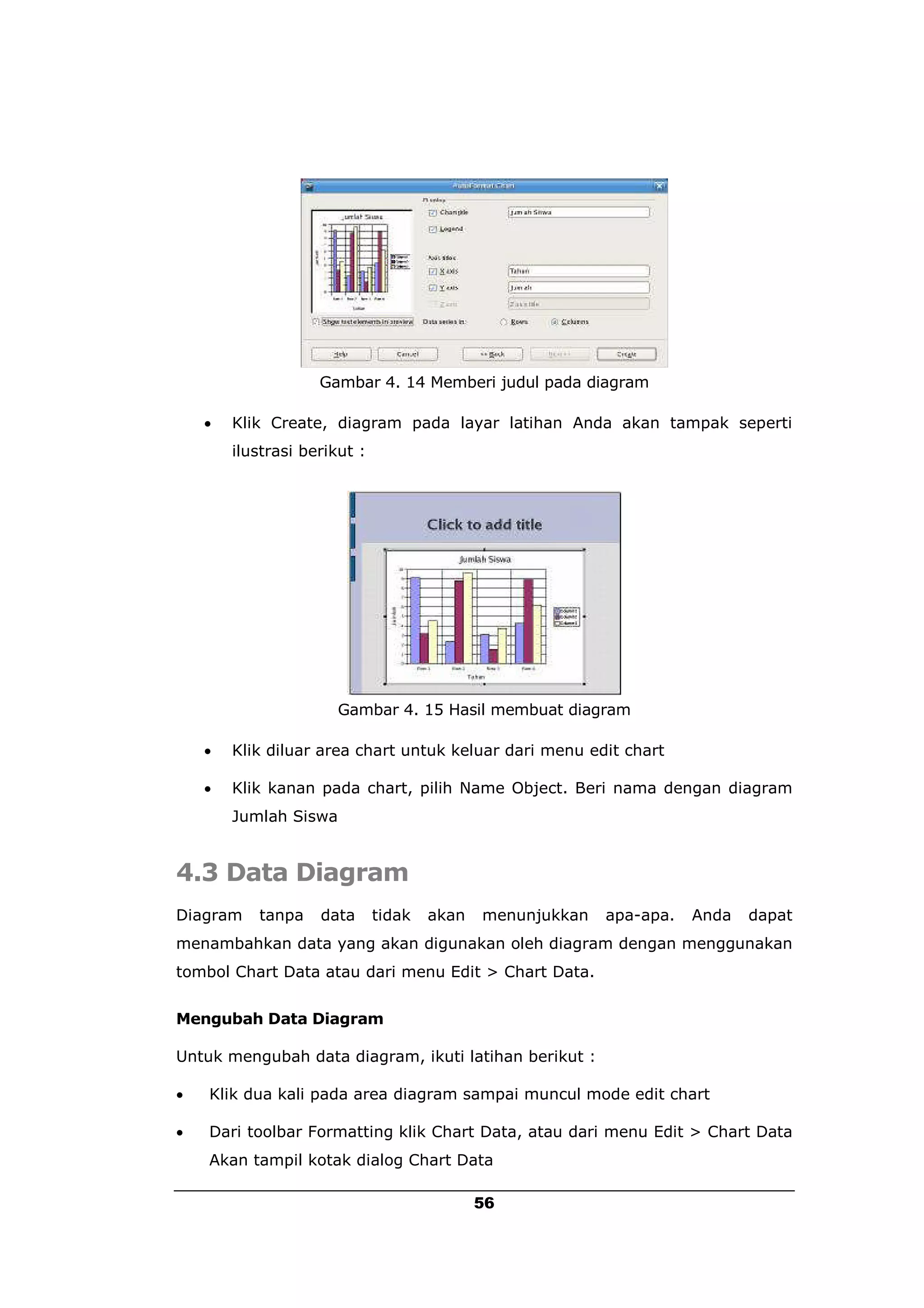 Gambar 4. 14 Memberi judul pada diagram

       Klik Create, diagram pada layar latihan Anda akan tampak seperti
        ilustrasi berikut :




                       Gambar 4. 15 Hasil membuat diagram

       Klik diluar area chart untuk keluar dari menu edit chart

       Klik kanan pada chart, pilih Name Object. Beri nama dengan diagram
        Jumlah Siswa


4.3 Data Diagram
Diagram    tanpa    data      tidak   akan   menunjukkan   apa-apa.   Anda   dapat
menambahkan data yang akan digunakan oleh diagram dengan menggunakan
tombol Chart Data atau dari menu Edit > Chart Data.


Mengubah Data Diagram

Untuk mengubah data diagram, ikuti latihan berikut :

   Klik dua kali pada area diagram sampai muncul mode edit chart

   Dari toolbar Formatting klik Chart Data, atau dari menu Edit > Chart Data
    Akan tampil kotak dialog Chart Data

                                             56
 