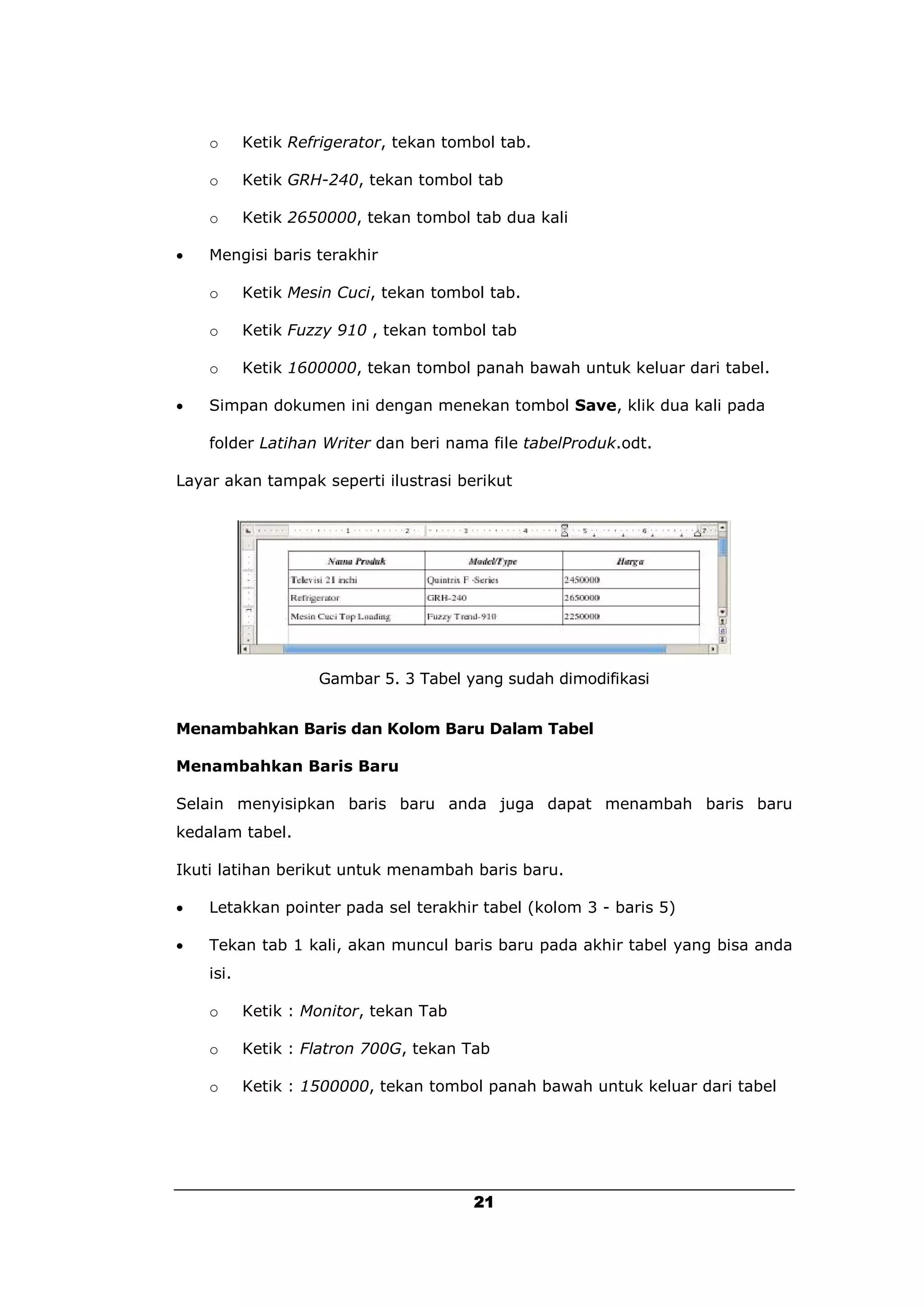 o      Ketik Refrigerator, tekan tombol tab.

    o      Ketik GRH-240, tekan tombol tab

    o      Ketik 2650000, tekan tombol tab dua kali

   Mengisi baris terakhir

    o      Ketik Mesin Cuci, tekan tombol tab.

    o      Ketik Fuzzy 910 , tekan tombol tab

    o      Ketik 1600000, tekan tombol panah bawah untuk keluar dari tabel.

   Simpan dokumen ini dengan menekan tombol Save, klik dua kali pada

    folder Latihan Writer dan beri nama file tabelProduk.odt.

Layar akan tampak seperti ilustrasi berikut




                    Gambar 5. 3 Tabel yang sudah dimodifikasi


Menambahkan Baris dan Kolom Baru Dalam Tabel

Menambahkan Baris Baru

Selain menyisipkan baris baru anda juga dapat menambah baris baru
kedalam tabel.

Ikuti latihan berikut untuk menambah baris baru.

   Letakkan pointer pada sel terakhir tabel (kolom 3 - baris 5)

   Tekan tab 1 kali, akan muncul baris baru pada akhir tabel yang bisa anda
    isi.

    o      Ketik : Monitor, tekan Tab

    o      Ketik : Flatron 700G, tekan Tab

    o      Ketik : 1500000, tekan tombol panah bawah untuk keluar dari tabel




                                        21
 