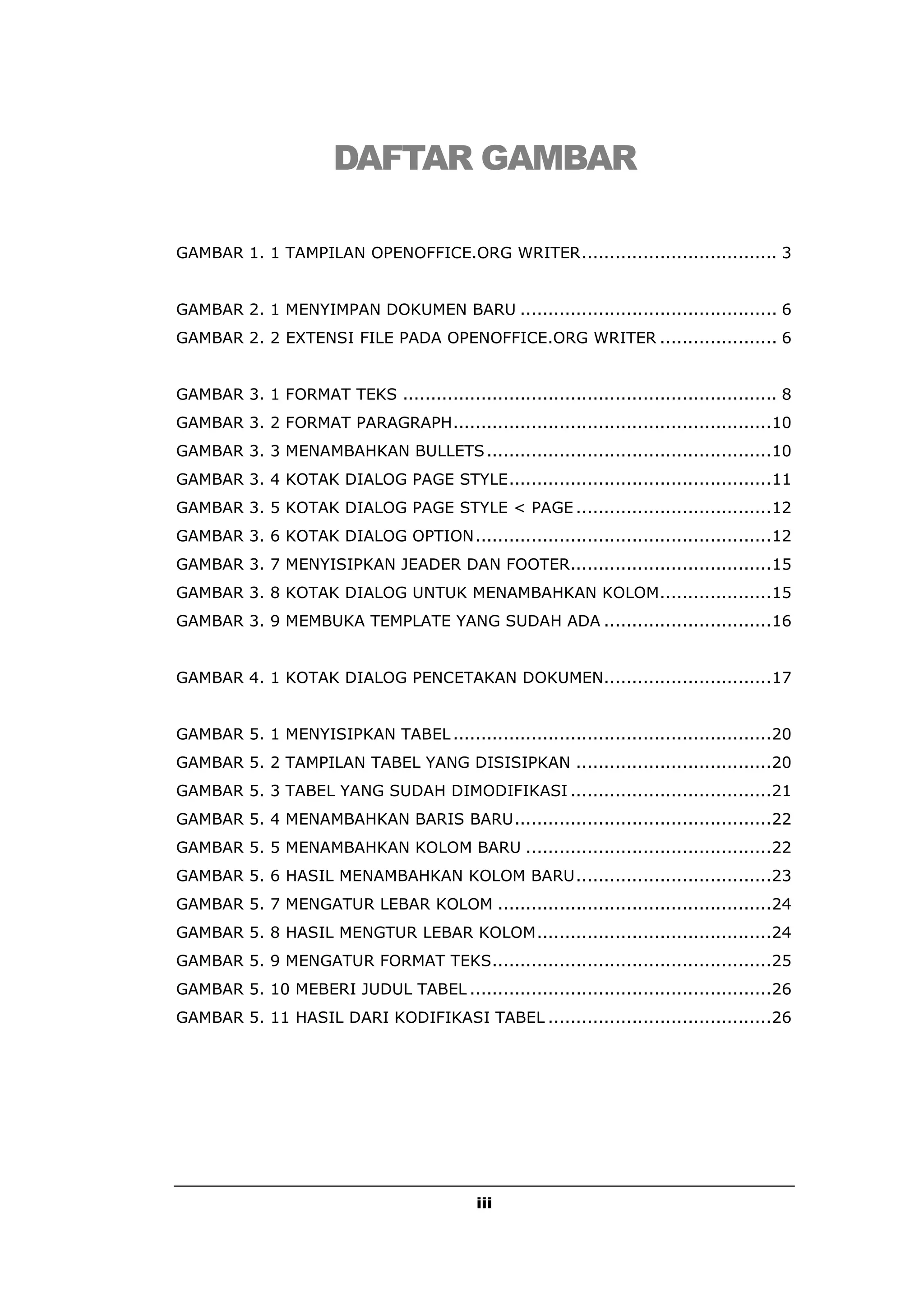 DAFTAR GAMBAR

GAMBAR 1. 1 TAMPILAN OPENOFFICE.ORG WRITER................................... 3


GAMBAR 2. 1 MENYIMPAN DOKUMEN BARU .............................................. 6
GAMBAR 2. 2 EXTENSI FILE PADA OPENOFFICE.ORG WRITER ..................... 6


GAMBAR 3. 1 FORMAT TEKS ................................................................... 8
GAMBAR 3. 2 FORMAT PARAGRAPH.........................................................10
GAMBAR 3. 3 MENAMBAHKAN BULLETS ...................................................10
GAMBAR 3. 4 KOTAK DIALOG PAGE STYLE...............................................11
GAMBAR 3. 5 KOTAK DIALOG PAGE STYLE < PAGE ...................................12
GAMBAR 3. 6 KOTAK DIALOG OPTION.....................................................12
GAMBAR 3. 7 MENYISIPKAN JEADER DAN FOOTER....................................15
GAMBAR 3. 8 KOTAK DIALOG UNTUK MENAMBAHKAN KOLOM....................15
GAMBAR 3. 9 MEMBUKA TEMPLATE YANG SUDAH ADA ..............................16


GAMBAR 4. 1 KOTAK DIALOG PENCETAKAN DOKUMEN..............................17


GAMBAR 5. 1 MENYISIPKAN TABEL .........................................................20
GAMBAR 5. 2 TAMPILAN TABEL YANG DISISIPKAN ...................................20
GAMBAR 5. 3 TABEL YANG SUDAH DIMODIFIKASI ....................................21
GAMBAR 5. 4 MENAMBAHKAN BARIS BARU..............................................22
GAMBAR 5. 5 MENAMBAHKAN KOLOM BARU ............................................22
GAMBAR 5. 6 HASIL MENAMBAHKAN KOLOM BARU...................................23
GAMBAR 5. 7 MENGATUR LEBAR KOLOM .................................................24
GAMBAR 5. 8 HASIL MENGTUR LEBAR KOLOM..........................................24
GAMBAR 5. 9 MENGATUR FORMAT TEKS..................................................25
GAMBAR 5. 10 MEBERI JUDUL TABEL ......................................................26
GAMBAR 5. 11 HASIL DARI KODIFIKASI TABEL ........................................26




                                             iii
 