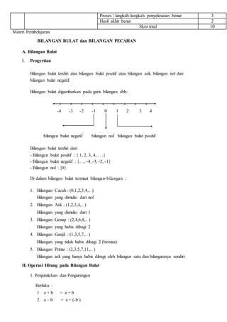 Proses / langkah-langkah penyelesaian benar 3
Hasil akhir benar 2
Skor total 10
Materi Pembelajaran
BILANGAN BULAT dan BILANGAN PECAHAN
A. Bilangan Bulat
I. Pengertian
Bilangan bulat terdiri atas bilangan bulat positif atau bilangan asli, bilangan nol dan
bilangan bulat negatif.
Bilangan bulat digambarkan pada garis bilangan sbb:
• • • • • • • • •
-4 -3 -2 -1 0 1 2 3 4
bilangan bulat negatif bilangan nol bilangan bulat positif
Bilangan bulat terdiri dari
- Bilangan bulat positif : { 1, 2, 3, 4, . . .}
- Bilangan bulat negatif : {.. ., -4, -3, -2, -1}
- Bilangan nol : {0}
Di dalam bilangan bulat termuat bilangan-bilangan :
1. Bilangan Cacah : (0,1,2,3,4,.. )
Bilangan yang dimulai dari nol
2. Bilangan Asli : (1,2,3,4,.. )
Bilangan yang dimulai dari 1
3. Bilangan Genap : (2,4,6,8,.. )
Bilangan yang habis dibagi 2
4. Bilangan Ganjil : (1,3,5,7,.. )
Bilangan yang tidak habis dibagi 2 (bersisa)
5. Bilangan Prima : (2,3,5,7,11,.. )
Bilangan asli yang hanya habis dibagi oleh bilangan satu dan bilangannya sendiri
II. Operasi Hitung pada Bilangan Bulat
1. Penjumlahan dan Pengurangan
Berlaku :
1. a + b = a + b
2. a – b = a + (-b )
 