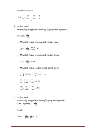 perseratusan menjadi
175 x =
= 1= 1
d. Pecahan Persen
pecahan yang menggunakan lamabang % yang berarti perseratus
a% berarti
- Mengubah bentuk persen menjadi pecahan biasa
25 % = = ∶∶=
- Mengubah bentuk persen menjadi pecahan desimal
35 % = = 0, 35
- Mengubah bentuk pecahan menjadi bentuk persen
= x 100 % = % = 75 %
= = = 40 %
= ∶∶=
e. Pecahan permil
= 45 %
Pecahan yang menggunakan lambang
0
/00yang berarti perseribu
a
0
/00
Contoh :
20
0
/00= = = 2 %
 