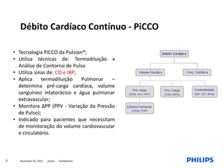 November 01, 2013 _Sector Confidential5
Débito Cardíaco Contínuo - PiCCO
• Tecnologia PiCCO da Pulsion®;
• Utiliza técnicas de: Termodiluição x
Análise de Contorno de Pulso
• Utiliza sinas de: CO e IBP;
• Aplica termodiluição Pulmonar –
determina pré-carga cardíaca, volume
sanguíneo intatorácico e água pulmonar
extravascular;
• Monitora ΔPP (PPV - Variação da Pressão
de Pulso);
• Indicado para pacientes que necessitam
de monitoração do volume cardiovascular
e circulatório.
 