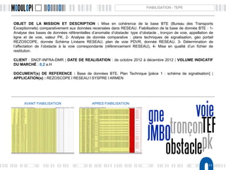 11
FIABILISATION - TEPE
OBJET DE LA MISSION ET DESCRIPTION : Mise en cohérence de la base BTE (Bureau des Transports
Exceptionnels) comparativement aux données recensées dans RESEAU. Fiabilisation de la base de donnée BTE : 1-
Analyse des bases de données référentielles d’anomalie d’obstacle: type d’obstacle , tronçon de voie, appellation de
ligne et de voie, valeur PK, 2- Analyse de donnée comparative : plans techniques de signalisation, géo portail
REZOSCOPE, donnée Schéma Linéaire RESEAU, plan de voie PDVR, donnée RESEAU, 3- Détermination de
l’affectation de l’obstacle à la voie correspondante (référencement RESEAU), 4- Mise en qualité d’un fichier de
restitution.
CLIENT : SNCF-INFRA-DMR | DATE DE REALISATION : de octobre 2012 à décembre 2012 | VOLUME INDICATIF
DU MARCHÉ : 0,2 a.H
DOCUMENT(s) DE REFERENCE : Base de données BTE, Plan Technique [pièce 1 : schéma de signalisation] |
APPLICATION(s) : REZOSCOPE l RESEAU l SYSPRE l ARMEN
AVANT FIABILISATION APRES FIABILISATION
 