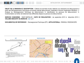 17
INITIALISATION - DETOURNEMENT
OBJET DE LA MISSION ET DESCRIPTION : Collecte de données brutes relatives aux itinéraires de détournement à
partir des Renseignements Techniques et annexes spécial détournement, destinées à enrichir l’application RESEAU. 1-
Analyse du Renseignement Technique de détournement, 2- Identification du parcours de détournement, 3-
Incrémentation du fichier de traitement des différentes étapes du parcours de détournement.
SERVICE CONCERNE : SNCF-INFRA-ISI | DATE DE REALISATION : de septembre 2013 à décembre 2013 |
VOLUME INDICATIF DU MARCHÉ : 0,4 a.H
DOCUMENT(S) DE REFERENCE : Renseignement Technique (RT) | APPLICATION(s) : RESEAU l REZOSCOPE
RT REZOSCOPE
 