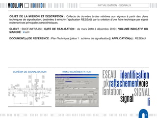 3
INITIALISATION - SIGNAUX
OBJET DE LA MISSION ET DESCRIPTION : Collecte de données brutes relatives aux signaux à partir des plans
techniques de signalisation, destinées à enrichir l’application RESEAU par la création d’une fiche technique par signal
reprenant ses principales caractéristiques.
CLIENT : SNCF-INFRA-ISI | DATE DE REALISATION : de mars 2010 à décembre 2010 | VOLUME INDICATIF DU
MARCHÉ : 4 a.H
DOCUMENT(s) DE REFERENCE : Plan Technique [pièce 1 : schéma de signalisation] | APPLICATION(s) : RESEAU
SCHÉMA DE SIGNALISATION IHM D’INCRÉMENTATION
 