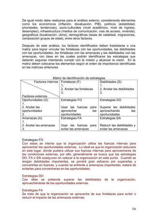 De igual modo debe realizarse para el análisis externo, considerando elementos
como los económicos (inflación, devaluación, PIB), políticos (estabilidad,
prioridades, tendencias), socio-culturales (nivel académico, nivel de ingreso,
desempleo), infraestructura (medios de comunicación, vías de acceso, vivienda),
geográficos (localización, clima), demográficas (tasas de natalidad, migraciones,
composición grupos de edad), entre otros factores.
Después de este análisis, los factores identificados deben trasladarse a una
matriz para lograr vincular las fortalezas con las oportunidades, las debilidades
con las oportunidades, las fortalezas con las amenazas y las debilidades con las
amenazas, con base en las cuales podrán identificarse las estrategias que
deberán seguirse intentando cumplir con la misión y alcanzar la visión. En la
matriz deben colocarse los elementos según el orden de importancia identificada
en las matrices anteriores.
Matriz de identificación de estrategias
Factores internos
Factores externos
Fortalezas (F)
1.
2. Anotar las fortalezas
3.
Debilidades (D)
1.
2. Anotar las debilidades
3.
Oportunidades (O)
1.
2. Anotar las
oportunidades
3.
Estrategias FO
Usar las fuerzas para
aprovechar las
oportunidades
Estrategias DO
Superar las debilidades
aprovechando las
oportunidades
Amenazas (A)
1.
2. Anotar las amenazas
3.
Estrategias FA
Usar las fuerzas para
evitar las amenazas
Estrategias DA
Reducir las debilidades y
evitar las amenazas
Estrategias FO
Con estas se intenta que la organización utilice las fuerzas internas para
aprovechar las oportunidades externas. Lo ideal es que la organización estuviera
en este lugar, donde pudiera utilizar sus fuerzas internas para aprovecharse de
las condiciones externas, por ello, generalmente se busca que las estrategias
DO, FA o DA coadyuven en colocar a la organización en este punto. Cuando se
tengan debilidades importantes, se pondrá gran esfuerzo por superarlas y
convertirlas en fuerzas, y cuando se enfrente a amenazas importantes, tratará de
evitarlas para concentrarse en las oportunidades.
Estrategias DO
Con ellas se pretende superar las debilidades de la organización,
aprovechándose de las oportunidades externas.
Estrategias FA
Se trata de que la organización se aproveche de sus fortalezas para evitar o
reducir el impacto de las amenazas externas.
106
 
