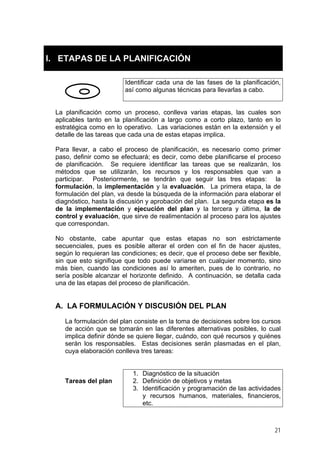 I. ETAPAS DE LA PLANIFICACIÓN
Identificar cada una de las fases de la planificación,
así como algunas técnicas para llevarlas a cabo.
La planificación como un proceso, conlleva varias etapas, las cuales son
aplicables tanto en la planificación a largo como a corto plazo, tanto en lo
estratégica como en lo operativo. Las variaciones están en la extensión y el
detalle de las tareas que cada una de estas etapas implica.
Para llevar, a cabo el proceso de planificación, es necesario como primer
paso, definir como se efectuará; es decir, como debe planificarse el proceso
de planificación. Se requiere identificar las tareas que se realizarán, los
métodos que se utilizarán, los recursos y los responsables que van a
participar. Posteriormente, se tendrán que seguir las tres etapas: la
formulación, la implementación y la evaluación. La primera etapa, la de
formulación del plan, va desde la búsqueda de la información para elaborar el
diagnóstico, hasta la discusión y aprobación del plan. La segunda etapa es la
de la implementación y ejecución del plan y la tercera y última, la de
control y evaluación, que sirve de realimentación al proceso para los ajustes
que correspondan.
No obstante, cabe apuntar que estas etapas no son estrictamente
secuenciales, pues es posible alterar el orden con el fin de hacer ajustes,
según lo requieran las condiciones; es decir, que el proceso debe ser flexible,
sin que esto signifique que todo puede variarse en cualquier momento, sino
más bien, cuando las condiciones así lo ameriten, pues de lo contrario, no
sería posible alcanzar el horizonte definido. A continuación, se detalla cada
una de las etapas del proceso de planificación.
A. LA FORMULACIÓN Y DISCUSIÓN DEL PLAN
La formulación del plan consiste en la toma de decisiones sobre los cursos
de acción que se tomarán en las diferentes alternativas posibles, lo cual
implica definir dónde se quiere llegar, cuándo, con qué recursos y quiénes
serán los responsables. Estas decisiones serán plasmadas en el plan,
cuya elaboración conlleva tres tareas:
Tareas del plan
1. Diagnóstico de la situación
2. Definición de objetivos y metas
3. Identificación y programación de las actividades
y recursos humanos, materiales, financieros,
etc.
21
 