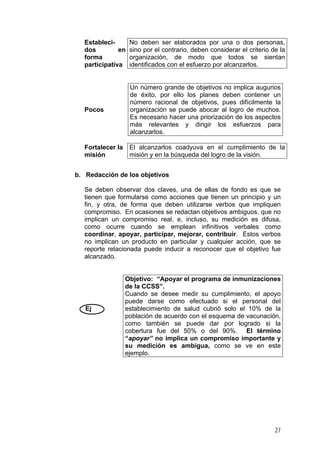 Estableci-
dos en
forma
participativa
No deben ser elaborados por una o dos personas,
sino por el contrario, deben considerar el criterio de la
organización, de modo que todos se sientan
identificados con el esfuerzo por alcanzarlos.
Pocos
Un número grande de objetivos no implica augurios
de éxito, por ello los planes deben contener un
número racional de objetivos, pues difícilmente la
organización se puede abocar al logro de muchos.
Es necesario hacer una priorización de los aspectos
más relevantes y dirigir los esfuerzos para
alcanzarlos.
Fortalecer la
misión
El alcanzarlos coadyuva en el cumplimiento de la
misión y en la búsqueda del logro de la visión.
b. Redacción de los objetivos
Se deben observar dos claves, una de ellas de fondo es que se
tienen que formularse como acciones que tienen un principio y un
fin, y otra, de forma que deben utilizarse verbos que impliquen
compromiso. En ocasiones se redactan objetivos ambiguos, que no
implican un compromiso real, e, incluso, su medición es difusa,
como ocurre cuando se emplean infinitivos verbales como
coordinar, apoyar, participar, mejorar, contribuir. Estos verbos
no implican un producto en particular y cualquier acción, que se
reporte relacionada puede inducir a reconocer que el objetivo fue
alcanzado.
Ej
Objetivo: “Apoyar el programa de inmunizaciones
de la CCSS”.
Cuando se desee medir su cumplimiento, el apoyo
puede darse como efectuado si el personal del
establecimiento de salud cubrió solo el 10% de la
población de acuerdo con el esquema de vacunación,
como también se puede dar por logrado si la
cobertura fue del 50% o del 90%. El término
“apoyar” no implica un compromiso importante y
su medición es ambigua, como se ve en este
ejemplo.
27
 