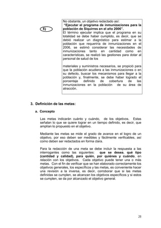 Ej
No obstante, un objetivo redactado así:
“Ejecutar el programa de inmunizaciones para la
población de Siquirres en el año 2006”.
El término ejecutar implica que el programa en su
totalidad se debe haber cumplido, es decir, que se
debió realizar un diagnóstico para estimar a la
población que requeriría de inmunizaciones en el
2006, se estimó considerar las necesidades de
inmunizaciones tanto en cantidad como en
características, se realizó las gestiones para dotar al
personal de salud de los
materiales y suministros necesarios, se propició para
que la población acudiera a las inmunizaciones o en
su defecto, buscar los mecanismos para llegar a la
población y, finalmente, se debe haber logrado el
porcentaje definido de cobertura de las
inmunizaciones en la población de su área de
atracción.
3. Definición de las metas:
a. Concepto
Las metas indicarán cuánto y cuándo, de los objetivos. Estas
señalan lo que se quiere lograr en un tiempo definido, es decir, que
amplían lo propuesto en el objetivo.
Mediante las metas se mide el grado de avance en el logro de un
objetivo, por eso deben ser medibles y fácilmente verificables, así
como deben ser redactados en forma clara.
Para la redacción de una meta se debe incluir la respuesta a las
interrogantes como las siguientes: que se desea, qué tipo
(cantidad y calidad), para quién, por quiénes y cuándo, en
relación con los objetivos. Cada objetivo puede tener una o más
metas. Con el fin de verificar que se han elaborado correctamente los
objetivos generales, los específicos y las metas, es conveniente hacer
una revisión a la inversa, es decir, corroborar que si las metas
definidas se cumplen, se alcanzan los objetivos específicos y si estos
se cumplen, se da por alcanzado el objetivo general.
28
 