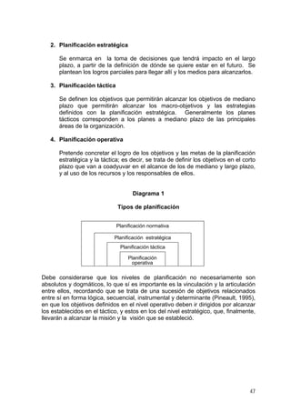 2. Planificación estratégica
Se enmarca en la toma de decisiones que tendrá impacto en el largo
plazo, a partir de la definición de dónde se quiere estar en el futuro. Se
plantean los logros parciales para llegar allí y los medios para alcanzarlos.
3. Planificación táctica
Se definen los objetivos que permitirán alcanzar los objetivos de mediano
plazo que permitirán alcanzar los macro-objetivos y las estrategias
definidos con la planificación estratégica. Generalmente los planes
tácticos corresponden a los planes a mediano plazo de las principales
áreas de la organización.
4. Planificación operativa
Pretende concretar el logro de los objetivos y las metas de la planificación
estratégica y la táctica; es decir, se trata de definir los objetivos en el corto
plazo que van a coadyuvar en el alcance de los de mediano y largo plazo,
y al uso de los recursos y los responsables de ellos.
Diagrama 1
Tipos de planificación
Debe considerarse que los niveles de planificación no necesariamente son
absolutos y dogmáticos, lo que sí es importante es la vinculación y la articulación
entre ellos, recordando que se trata de una sucesión de objetivos relacionados
entre sí en forma lógica, secuencial, instrumental y determinante (Pineault, 1995),
en que los objetivos definidos en el nivel operativo deben ir dirigidos por alcanzar
los establecidos en el táctico, y estos en los del nivel estratégico, que, finalmente,
llevarán a alcanzar la misión y la visión que se estableció.
Planificación
operativa
Planificación táctica
Planificación estratégica
Planificación normativa
Planificación
operativa
Planificación táctica
Planificación estratégica
Planificación normativa
47
 