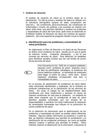 1. Análisis de situación
El análisis de situación de salud es la primera etapa de la
planificación. En ella se busca y analizan los datos en relación con
la estructura demográfica (grupos de edad, composición por
sexo,etc.), las condiciones socio-económicas, las condiciones de
enfermedad y muerte, las políticas y los acuerdos en relación con
salud, entre otras, que permitan identificar y analizar los problemas
y necesidades de salud del nivel local, (este tema se desarrolla en
el Módulo Análisis de Situación de salud con enfoque de espacio-
población, del curso especial de posgrado Gestión Local en Salud)
a. Identificación para los problemas y necesidades de
salud prioritarios
En elaboración el Plan de Atención a la Salud de las Personas
se define como problema de salud aquello por lo que la gente
se enferma, muere, incapacita, discapacita, y por lo que
consulta los servicios de salud. Esta definición se establece
para identificar aquellos eventos que son del ámbito de acción
de los servicios de salud.
Ej
Con frecuencia en los ASIS de un espacio población,
aparece como “problema de salud”, aspectos como:
la falta de planificación estratégica, la existencia de
pocos teléfonos públicos, la necesidad de autobuses
para llegar al centro de salud, entre otros. Estos
aspectos señalados corresponden más bien a
necesidades de salud.
En el proceso de planificación los problemas de salud deben
estar claramente identificados y analizados, de lo contrario se
producen interferencias en la planificación de los servicios de
salud. Sin duda, el trabajo de los establecimientos debe
coordinarse con otras instituciones y sectores en busca de
mejores condiciones de vida para la población; no obstante se
debe tener presente que le corresponde al área de salud
planificar aquellas actividades que son propias de su
responsabilidad, y coordinar con otras instituciones la resolución
de necesidades expresadas que influyen en la producción de
ciertos problemas de salud.
En la obtención de información para la determinación de los
problemas y necesidades de salud, es posible utilizar diferentes
métodos. Algunos utilizan información ya existente y a partir de
ella, se elaboran indicadores que permitan la comparación y la
identificación de los problemas prioritarios, así como es posible
elaborar cuadros o gráficas que permitan el análisis. Otros
métodos implican la elaboración de la información, incluyendo el
94
 