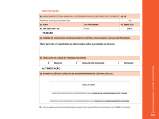 IDENTIFICAÇÃO

01. NOME DA PREFEITURA MUNICIPAL, SECRETARIA DE EDUCAÇÃO DO ESTADO OU DO DF 02. UF

Prefeitura Municipal de Cidade Alta                                                                               AM
03. CNPJ                                                 04. PROGRAMA                                   05. EXERCÍCIO
01.234.6567/0001-06                                      Pnate                                                  2007_

    PARECER
06. PARECER DO CONSELHO DE ACOMPANHAMENTO E CONTROLE SOCIAL SOBRE A EXECUÇÃO DO PROGRAMA


(Aqui deverão ser registradas as observações sobre a prestação de contas).




07. CONCLUSÃO DA ANÁLISE DA PRESTAÇÃO DE CONTAS

                   REGULAR                             REGULAR COM RESSALVAS                                IRREGULAR




                                                                                                                        Acompanhamento e controle social do Pnate
   AUTENTICAÇÃO
08. AUTENTICAÇÃO DO CONSELHO DE ACOMPANHAMENTO E CONTROLE SOCIAL.


            ___________________________________________________________________________________________________

                                                       LOCAL, UF E DATA


            ___________________________________________________________________________________________________
                NOME DO(A) PRESIDENTE OU DO REPRESENTANTE LEGAL CONSELHO DE ACOMPANHAMENTO DO FUNDEB


            ___________________________________________________________________________________________________
             ASSINATURA DO(A) PRESIDENTE OU DO REPRESENTANTE LEGAL CONSELHO DE ACOMPANHAMENTO DO FUNDEB


Obs: Caso o quadro acima seja insuficiente para o parecer, favor anexar folhas de continuação com TIMBRE do Conselho.



                                                                                                                        101
 