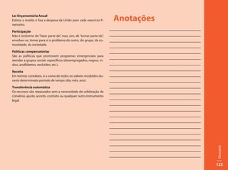 Lei Orçamentária Anual
Estima a receita e fixa a despesa da União para cada exercício fi-   Anotações
nanceiro.

Participação
Não é sinônimo de “fazer parte de”, mas, sim, de “tomar parte de”,
envolver-se, tomar para si o problema do outro, do grupo, da co-
munidade, da sociedade.

Políticas compensatórias
São as políticas que promovem programas emergenciais para
atender a grupos sociais específicos (desempregados, negros, ín-
dios, analfabetos, excluídos, etc.).

Receita
Em termos contábeis, é a soma de todos os valores recebidos du-
rante determinado período de tempo (dia, mês, ano).

Transferência automática
Os recursos são repassados sem a necessidade de celebração de
convênio, ajuste, acordo, contrato ou qualquer outro instrumento
legal.




                                                                                 Glossário
                                                                                 125
 