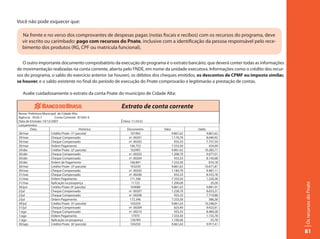 Você não pode esquecer que:

  Na frente e no verso dos comprovantes de despesas pagas (notas fiscais e recibos) com os recursos do programa, deve
  vir escrito ou carimbado: pago com recursos do Pnate, inclusive com a identificação da pessoa responsável pelo rece-
  bimento dos produtos (RG, CPF ou matrícula funcional).

   O outro importante documento comprobatório da execução do programa é o extrato bancário, que deverá conter todas as informações
de movimentação realizadas na conta corrente, aberta pelo FNDE, em nome da unidade executora. Informações como o crédito dos recur-
sos do programa, o saldo do exercício anterior (se houver), os débitos dos cheques emitidos, os descontos de CPMF ou imposto similar,
se houver, e o saldo existente no final do período de execução do Pnate comprovarão e legitimarão a prestação de contas.

   Avalie cuidadosamente o extrato da conta Pnate do município de Cidade Alta:

                                                       Extrato de conta corrente
Nome: Prefeitura Municipal de Cidade Alta
Agência: 0526-1          Conta Corrente: 87.603-4
Data de Emissão: 10/12/2007                            Hora: 11:33:52
Lançamentos
        Data                               Histórico     Documento       Valor              Saldo
28/mar                 Crédito Pnate (1ª parcela)          101992                9.861,62        9.861,62
29/mar                 Cheque Compensado                  nº. 00201              1.170,70        8.690,92
30/mar                 Cheque Compensado                  nº. 00202                933,33        7.757,59
30/mar                 Ordem Pagamento                     166.752               7.333,50          424,09
29/abr                 Crédito Pnate (2ª parcela)          102993                9.861,62       10.285,71
30/abr                 Cheque Compensado                  nº. 00203              1.208,70        9.077,01
30/abr                 Cheque Compensado                  nº. 00204                933,33        8.143,68
30/abr                 Ordem de Pagamento                  166.801               7.333,50          810,18
30/mai                 Crédito Pnate (3ª parcela)          103250                9.861,63       10.671,81
30/mai                 Cheque Compensado                  nº. 00205              1.184,70        9.487,11
31/mai                 Cheque Compensado                  nº. 00206                933,33        8.553,78
31/mai                 Ordem Pagamento                     171.206               7.333,50        1.220,28
31/mai                 Aplicação na poupança                11123                1.200,00           20,28




                                                                                                                                        Os recursos do Pnate
30/jun                 Crédito Pnate (4ª parcela)          104088                9.861,63        9.881,91
2/jul                  Cheque Compensado                  nº. 00207              1.228,70        8.653,21
2/jul                  Cheque Compensado                  nº. 00208                933,33        7.719,88
2/jul                  Ordem Pagamento                     172.346               7.333,50          386,38
30/jul                 Crédito Pnate (5ª parcela)          103250                9.861,63       10.248,01
31/jul                 Cheque Compensado                  nº. 00209                825,40        9.422,61
1/ago                  Cheque Compensado                  nº. 00210                933,33        8.489,28
1/ago                  Ordem Pagamento                      17975                7.333,50        1.155,78
1/ago                  Aplicação na poupança               126789                1.100,00           55,78
30/ago                 Crédito Pnate (6ª parcela)          104250                9.861,63        9.917,41

                                                                                                                                        81
 