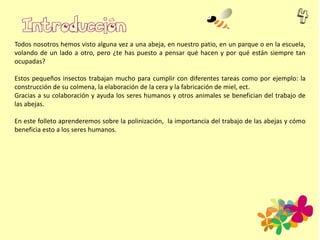 Todos nosotros hemos visto alguna vez a una abeja, en nuestro patio, en un parque o en la escuela,
volando de un lado a otro, pero ¿te has puesto a pensar qué hacen y por qué están siempre tan
ocupadas?
Estos pequeños insectos trabajan mucho para cumplir con diferentes tareas como por ejemplo: la
construcción de su colmena, la elaboración de la cera y la fabricación de miel, ect.
Gracias a su colaboración y ayuda los seres humanos y otros animales se benefician del trabajo de
las abejas.
En este folleto aprenderemos sobre la polinización, la importancia del trabajo de las abejas y cómo
beneficia esto a los seres humanos.
 