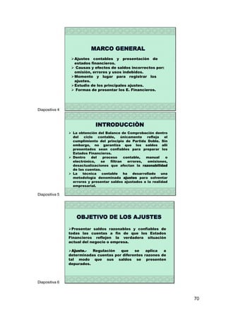70
Diapositiva 4
MARCO GENERAL
Ajustes contables y presentación de
estados financieros.
 Causas y efectos de saldos incorrectos por:
omisión, errores y usos indebidos.
Momento y lugar para registrar los
ajustes.
Estudio de los principales ajustes.
 Formas de presentar los E. Financieros.
Diapositiva 5
INTRODUCCIÒN
 La obtención del Balance de Comprobación dentro
del ciclo contable, únicamente refleja el
cumplimiento del principio de Partida Doble. Sin
embargo, no garantiza que los saldos allí
presentados sean confiables para preparar los
Estados Financieros.
 Dentro del proceso contable, manual o
electrónico, se filtran errores, omisiones,
desactualízaciones que afectan la razonabilidad
de las cuentas.
 La técnica contable ha desarrollado una
metodología denominada ajustes para solventar
errores y presentar saldos ajustados a la realidad
empresarial.
Diapositiva 6
OBJETIVO DE LOS AJUSTES
Presentar saldos razonables y confiables de
todas las cuentas a fin de que los Estados
Financieros reflejen la verdadera situación
actual del negocio o empresa.
Ajuste.- Regulación que se aplica a
determinadas cuentas por diferentes razones de
tal modo que sus saldos se presenten
depurados.
 