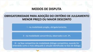 OBRIGATORIEDADE PARA ADOÇÃO DO CRITÉRIO DE JULGAMENTO
MENOR PREÇO OU MAIOR DESCONTO
I - na modalidade pregão, obrigatoriamente;
II - na modalidade concorrência, observado o art. 3º;
III - na fase competitiva da modalidade diálogo competitivo, quando for
entendido como o mais adequado à solução identificada na fase de diálogo.
MODOS DE DISPUTA
 