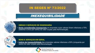 IN SEGES Nº 73/2022
INEXEQUIBILIDADE
OBRAS E SERVIÇOS DE ENGENHARIA
• Serão consideradas inexequíveis as propostas cujos valores forem inferiores a 75%
(setenta e cinco por cento) do valor orçado pela Administração.
BENS E SERVIÇOS EM GERAL
• Indício de inexequibilidade das propostas valores inferiores a 50% (cinquenta por
cento) do valor orçado pela Administração
 