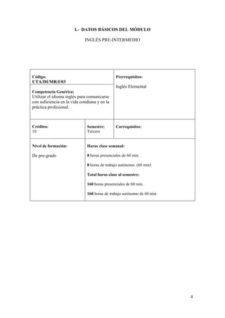 I.- DATOS BÁSICOS DEL MÓDULO

                              INGLÉS PRE-INTERMEDIO




Código:                                         Prerrequisitos:
UTA/DI/MR/I/03
                                                Inglés Elemental
Competencia Genérica:
Utilizar el idioma inglés para comunicarse
con suficiencia en la vida cotidiana y en la
práctica profesional.



Créditos:                      Semestre:        Correquisitos:
10                             Tercero


Nivel de formación:            Horas clase semanal:

De pre-grado                   8 horas presenciales de 60 min.

                               8 horas de trabajo autónomo. (60 min)

                               Total horas clase al semestre:

                               160 horas presenciales de 60 min.

                               160 horas de trabajo autónomo de 60 min.




                                                                          4
 