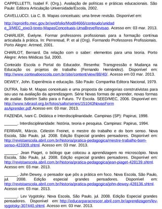 CAPPELLETTI, Isabel F. (Org.). Avaliação de políticas e práticas educacionais. São
Paulo: Editora Articulação Universidade/Escola, 2002.
CAVELLUCCI. Lia C. B. Mapas conceituais: uma breve revisão. Disponível em:
http://eproinfo.mec.gov.br/webfolio/Mod84666/conteudo/unidad
e_3/MEC_eixo3-texto-MapasConceituais-UmaBreveRevisao. Acesso em: 03 mar. 2013.
CHARLIER, Évelyne. Formar professores profissionais para a formação contínua
articulada à prática. In: Perrenoud, P. et al (Org). Formando Professores Profissionais.
Porto Alegre: Artmed, 2001.
CHARLOT, Bernard. Da relação com o saber: elementos para uma teoria. Porto
Alegre: Artes Médicas Sul, 2000.
Conteúdo Escola o Portal do Educador. Resenha: Transgressão e Mudança na
Educação os projetos de trabalho (Fernando Hernández). Disponível em:
http://www.conteudoescola.com.br/site/content/view/88/40/. Acesso em 03 mar. 2013.
DEWEY, John. Experiência e educação. São Paulo: Companhia Editora Nacional, 1979.
DUTRA, Ítalo M. Mapas conceituais e uma proposta de categorias construtivistas para
seu uso na avaliação da aprendizagem. Série Novas formas de aprender, novas formas
de avaliar. Boletim Salto para o Futuro. TV Escola. SEED/MEC, 2006. Disponível em:
http://www.tvbrasil.org.br/fotos/salto/series/151043NovasForm
asAprender.pdf.Acesso em: 03 mar. 2013.
FAZENDA, Ivani C. Didática e Interdisciplinaridade. Campinas (SP): Papirus, 1998.
______. Interdisciplinaridade: história, teoria e pesquisa. Campinas: Papirus, 1994.
FERRARI, Márcio. Célestin Freinet, o mestre do trabalho e do bom senso. Nova
Escola, São Paulo, jul. 2008. Edição Especial grandes pensadores. Disponível em:
http://revistaescola.abril.com.br/historia/pratica-pedagogica/mestre-trabalho-bomsenso-423309.shtml. Acesso em: 03 mar. 2013.
______. Jean Piaget, o biólogo que colocou a aprendizagem no microscópio. Nova
Escola, São Paulo, jul. 2008. Edição especial grandes pensadores. Disponível em:
http://revistaescola.abril.com.br/historia/pratica-pedagogica/jean-piaget-428139.shtml.
Acesso em: 03 mar. 2013.
______. John Dewey, o pensador que pôs a prática em foco. Nova Escola, São Paulo,
jul.
2008.
Edição
especial
grandes
pensadores.
Disponível
em:
http://revistaescola.abril.com.br/historia/pratica-pedagogica/john-dewey-428136.shtml.
Acesso em: 03 mar. 2013.
______. Lev Vygotsky. Nova Escola, São Paulo, jul. 2008. Edição Especial grandes
pensadores. Disponível em: http://educarparacrescer.abril.com.br/aprendizagem/levvygotsky-307440.shtml. Acesso em: 03 mar. 2013.

 