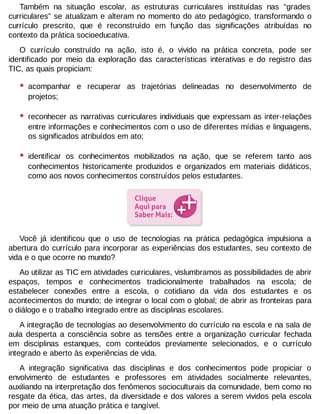 Também na situação escolar, as estruturas curriculares instituídas nas “grades
curriculares” se atualizam e alteram no momento do ato pedagógico, transformando o
currículo prescrito, que é reconstruído em função das significações atribuídas no
contexto da prática socioeducativa.
O currículo construído na ação, isto é, o vivido na prática concreta, pode ser
identificado por meio da exploração das características interativas e do registro das
TIC, as quais propiciam:

•

acompanhar e recuperar as trajetórias delineadas no desenvolvimento de
projetos;

•

reconhecer as narrativas curriculares individuais que expressam as inter-relações
entre informações e conhecimentos com o uso de diferentes mídias e linguagens,
os significados atribuídos em ato;

•

identificar os conhecimentos mobilizados na ação, que se referem tanto aos
conhecimentos historicamente produzidos e organizados em materiais didáticos,
como aos novos conhecimentos construídos pelos estudantes.

Você já identificou que o uso de tecnologias na prática pedagógica impulsiona a
abertura do currículo para incorporar as experiências dos estudantes, seu contexto de
vida e o que ocorre no mundo?
Ao utilizar as TIC em atividades curriculares, vislumbramos as possibilidades de abrir
espaços, tempos e conhecimentos tradicionalmente trabalhados na escola; de
estabelecer conexões entre a escola, o cotidiano da vida dos estudantes e os
acontecimentos do mundo; de integrar o local com o global; de abrir as fronteiras para
o diálogo e o trabalho integrado entre as disciplinas escolares.
A integração de tecnologias ao desenvolvimento do currículo na escola e na sala de
aula desperta a consciência sobre as tensões entre a organização curricular fechada
em disciplinas estanques, com conteúdos previamente selecionados, e o currículo
integrado e aberto às experiências de vida.
A integração significativa das disciplinas e dos conhecimentos pode propiciar o
envolvimento de estudantes e professores em atividades socialmente relevantes,
auxiliando na interpretação dos fenômenos socioculturais da comunidade, bem como no
resgate da ética, das artes, da diversidade e dos valores a serem vividos pela escola
por meio de uma atuação prática e tangível.

 