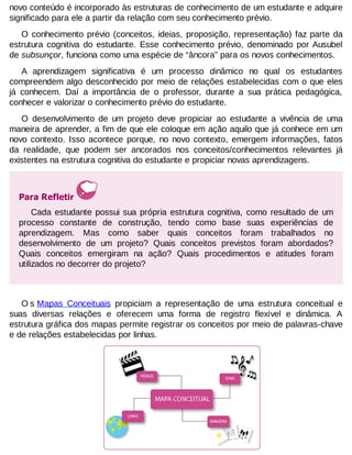 novo conteúdo é incorporado às estruturas de conhecimento de um estudante e adquire
significado para ele a partir da relação com seu conhecimento prévio.
O conhecimento prévio (conceitos, ideias, proposição, representação) faz parte da
estrutura cognitiva do estudante. Esse conhecimento prévio, denominado por Ausubel
de subsunçor, funciona como uma espécie de “âncora” para os novos conhecimentos.
A aprendizagem significativa é um processo dinâmico no qual os estudantes
compreendem algo desconhecido por meio de relações estabelecidas com o que eles
já conhecem. Daí a importância de o professor, durante a sua prática pedagógica,
conhecer e valorizar o conhecimento prévio do estudante.
O desenvolvimento de um projeto deve propiciar ao estudante a vivência de uma
maneira de aprender, a fim de que ele coloque em ação aquilo que já conhece em um
novo contexto. Isso acontece porque, no novo contexto, emergem informações, fatos
da realidade, que podem ser ancorados nos conceitos/conhecimentos relevantes já
existentes na estrutura cognitiva do estudante e propiciar novas aprendizagens.

Para Refletir
Cada estudante possui sua própria estrutura cognitiva, como resultado de um
processo constante de construção, tendo como base suas experiências de
aprendizagem. Mas como saber quais conceitos foram trabalhados no
desenvolvimento de um projeto? Quais conceitos previstos foram abordados?
Quais conceitos emergiram na ação? Quais procedimentos e atitudes foram
utilizados no decorrer do projeto?

O s Mapas Conceituais propiciam a representação de uma estrutura conceitual e
suas diversas relações e oferecem uma forma de registro flexível e dinâmica. A
estrutura gráfica dos mapas permite registrar os conceitos por meio de palavras-chave
e de relações estabelecidas por linhas.

 