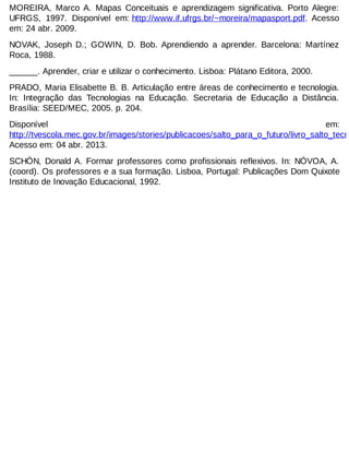 MOREIRA, Marco A. Mapas Conceituais e aprendizagem significativa. Porto Alegre:
UFRGS, 1997. Disponível em: http://www.if.ufrgs.br/~moreira/mapasport.pdf. Acesso
em: 24 abr. 2009.
NOVAK, Joseph D.; GOWIN, D. Bob. Aprendiendo a aprender. Barcelona: Martínez
Roca, 1988.
______. Aprender, criar e utilizar o conhecimento. Lisboa: Plátano Editora, 2000.
PRADO, Maria Elisabette B. B. Articulação entre áreas de conhecimento e tecnologia.
In: Integração das Tecnologias na Educação. Secretaria de Educação a Distância.
Brasília: SEED/MEC, 2005. p. 204.

Disponível
em:
http://tvescola.mec.gov.br/images/stories/publicacoes/salto_para_o_futuro/livro_salto_tecno
Acesso em: 04 abr. 2013.
SCHÖN, Donald A. Formar professores como profissionais reflexivos. In: NÓVOA, A.
(coord). Os professores e a sua formação. Lisboa, Portugal: Publicações Dom Quixote
Instituto de Inovação Educacional, 1992.

 