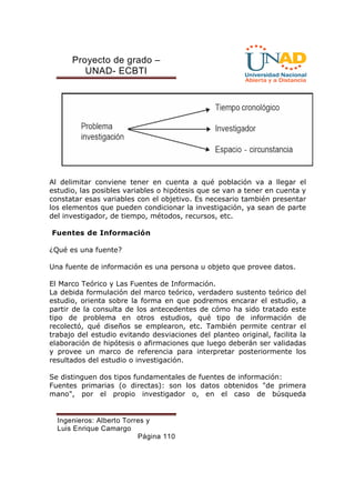 Proyecto de grado – 
UNAD- ECBTI 
Al delimitar conviene tener en cuenta a qué población va a llegar el 
estudio, las posibles variables o hipótesis que se van a tener en cuenta y 
constatar esas variables con el objetivo. Es necesario también presentar 
los elementos que pueden condicionar la investigación, ya sean de parte 
del investigador, de tiempo, métodos, recursos, etc. 
Fuentes de Información 
Ingenieros: Alberto Torres y 
Luis Enrique Camargo 
Página 110 
¿Qué es una fuente? 
Una fuente de información es una persona u objeto que provee datos. 
El Marco Teórico y Las Fuentes de Información. 
La debida formulación del marco teórico, verdadero sustento teórico del 
estudio, orienta sobre la forma en que podremos encarar el estudio, a 
partir de la consulta de los antecedentes de cómo ha sido tratado este 
tipo de problema en otros estudios, qué tipo de información de 
recolectó, qué diseños se emplearon, etc. También permite centrar el 
trabajo del estudio evitando desviaciones del planteo original, facilita la 
elaboración de hipótesis o afirmaciones que luego deberán ser validadas 
y provee un marco de referencia para interpretar posteriormente los 
resultados del estudio o investigación. 
Se distinguen dos tipos fundamentales de fuentes de información: 
Fuentes primarias (o directas): son los datos obtenidos de primera 
mano, por el propio investigador o, en el caso de búsqueda 
 